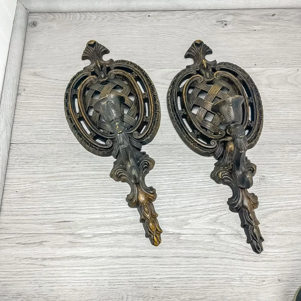 Vintage Faux Wicker Resin‎ Sconce Candleholder Set - Made in USA
